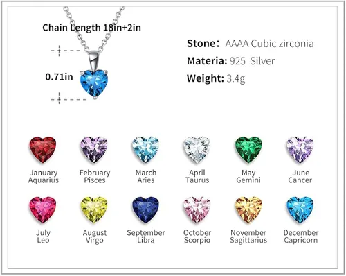 Miniatura 6 de valunell Love-Heart - Collar con colgante de plata de ley 925 con circonita cúbica collar de piedra natal regalos de joyería para mujeres y niñas 18