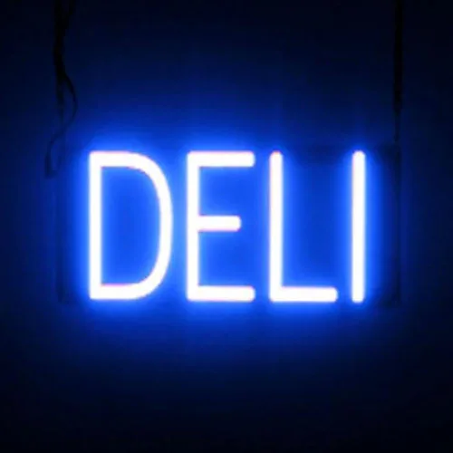 SpellBrite DELI Sign | Letrero relacionado con delicatessen con aspecto neón, fuente de luz LED azul | 13.4 x 6.3 pulgadas