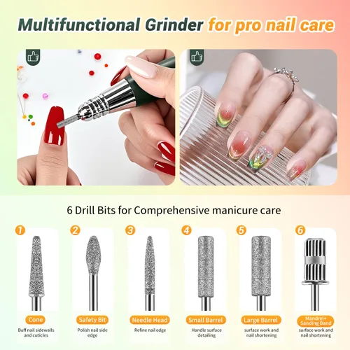 Miniatura 7 de JEWHITENY Taladro de uñas profesional recargable 35000 RPM, SG707 lima de uñas eléctrica con 6 brocas para uñas acrílicas, eliminación de pulido