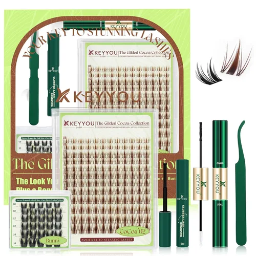 KEYYOU Brown Fairy - Kit de racimos de pestañas – Spiky Anime C Curl Manga 0.315-0.630 in, kit de extensión de pestañas incluye pestañas negras de
