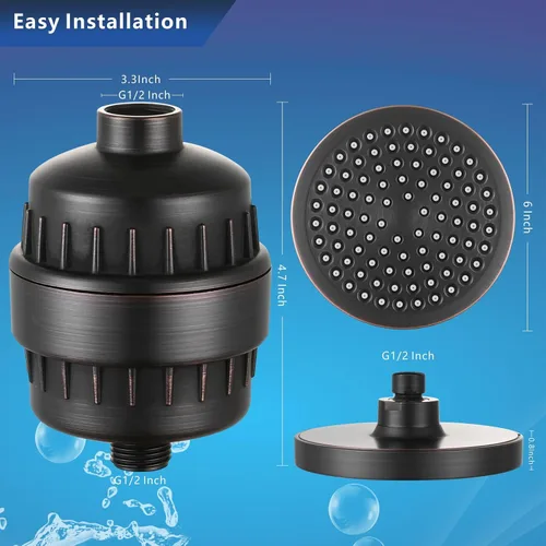 Miniatura 6 de Juego de cabezal de ducha filtrado de alta presión, filtro de ducha de lluvia de 6 pulgadas para agua dura, cabezal de ducha redondo universal de 20