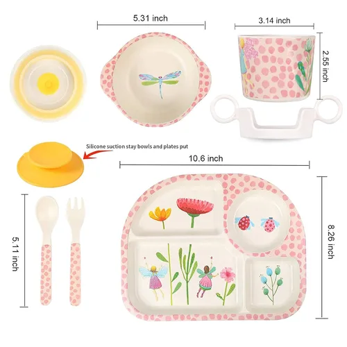 Miniatura 2 de shopwithgreen - Juego de 7 piezas de bambú para niños - Vajilla para niños - Plato, tazón, taza, cuchara, tenedor, vajilla para comida, vajilla