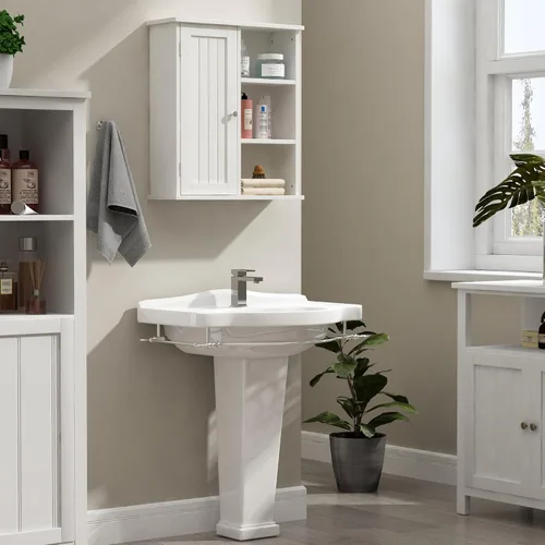 Miniatura 2 de Treocho Armario de pared de baño, botiquín con puerta y 3 estantes abiertos, organizador de almacenamiento montado en la pared para baño, cocina