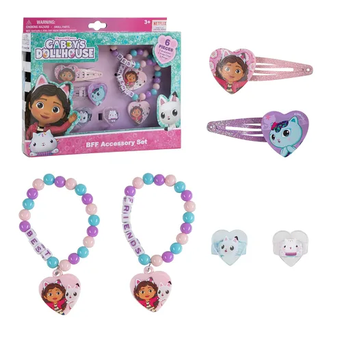 Miniatura 7 de LUV HER Gabby's Dollhouse Girls BFF Juego de 6 piezas de joyería de juguete con 2 anillos, 2 pulseras de cuentas y pinzas para el cabello con cierre