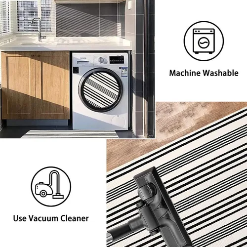 Miniatura 3 de Tapete para exteriores de rayas color negro y blanco, tapete tejido a mano lavable a máquina para interiores, porche, entrada, sala, pasillo, Rayas