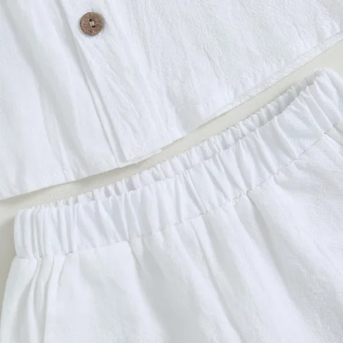 Miniatura 6 de AEEMCEM Conjunto de 2 piezas de camisa y pantalones cortos de algodón de lino de algodón de color liso para niños pequeños