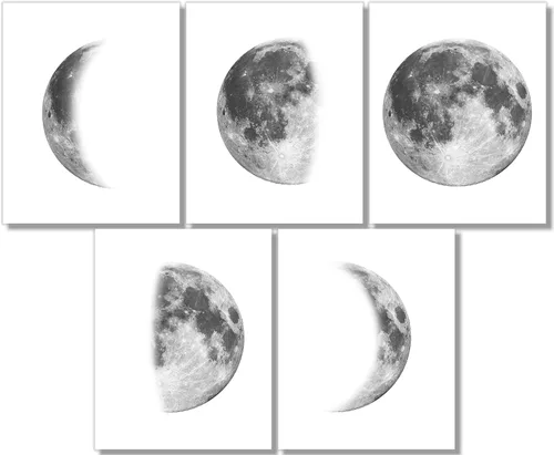 Impresiones artísticas de fases lunares – Decoración de dormitorio – Arte de pared gris – 8 x 10 pulgadas (juego de 5) – sin marco