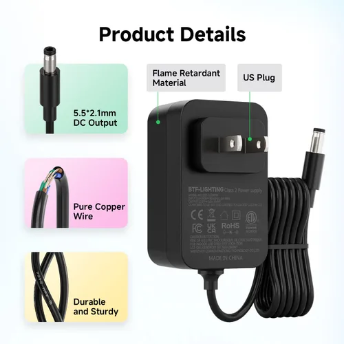 Miniatura 4 de BTF-LIGHTING Adaptador de fuente de alimentación de 12V 3A 36W con certificación ETL 100-240V AC a 12V DC Convertidor Clase 2 Fuente