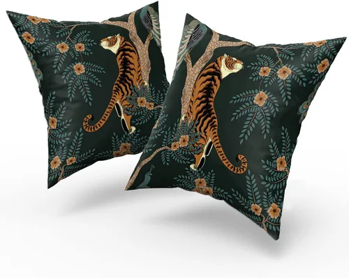 Miniatura 2 de Juego de 2 fundas de almohada de tigre, de algodón, con diseño de animales de bosque de pavo real, decorativas, para dormitorio, sofá, sala