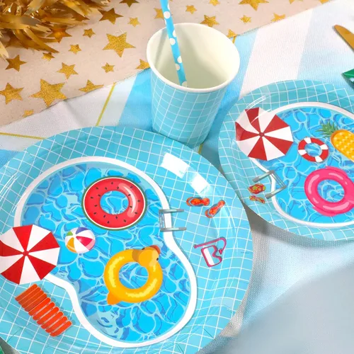 Miniatura 3 de Suministros y decoraciones para fiesta en piscina, juego de platos y servilletas de papel desechables de verano para niños con tazas y pajitas