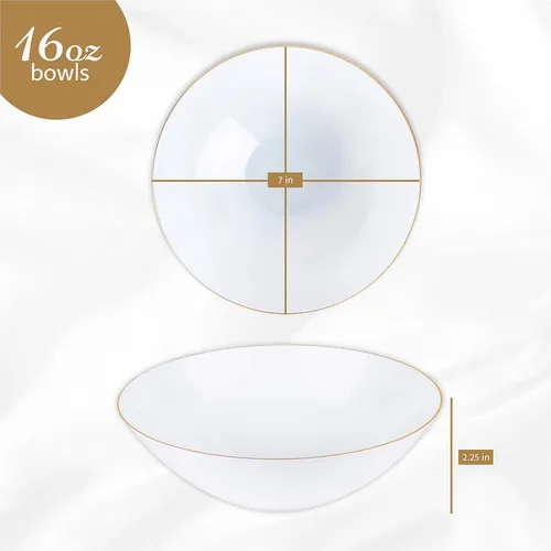 Miniatura 3 de PLASTICPRO [16 OZ 20 unidades] Platos de fiesta de plástico blanco con diseño floral, cuencos de sopa con borde dorado, vajilla desechable elegante