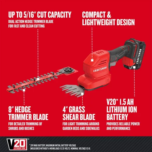 Miniatura 3 de CRAFTSMAN V20 - Kit de recortadora de césped manual inalámbrica y mini cortasetos (CMCSS800C1)