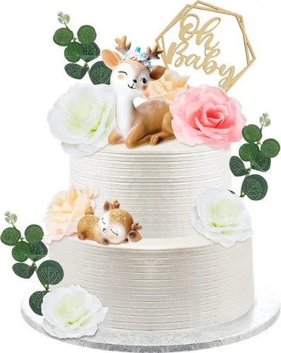 Miniatura 9 de Taiyin Oh Baby Cake Toppers para baby shower, lindos adornos para tartas de ciervos, flores de animales femeninos, decoración de tartas, pequeñas