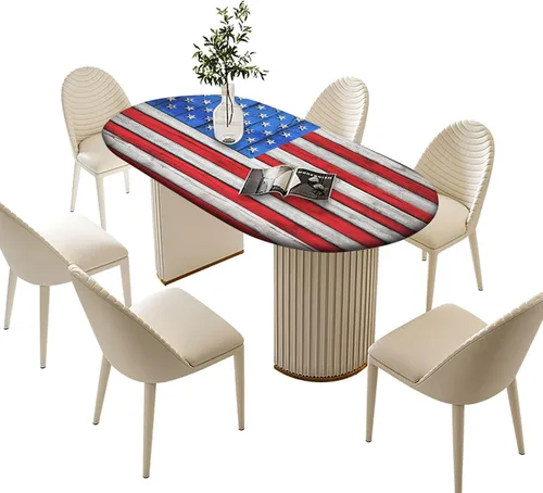 Miniatura 3 de Mantel de mesa ovalado con bandera estadounidense, mantel con bandera estadounidense sobre madera, cubierta elástica ajustada para el día
