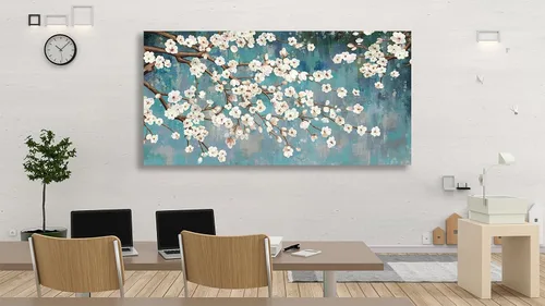 Miniatura 5 de Shoci Arte de pared de árbol de flores, lienzo grande de ramas florales blancas y marrones para sala de estar, pintura rústica, verde azulado