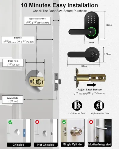 Miniatura 5 de Cerradura de puerta con teclado inteligente con asa, cerradura digital de entrada sin llave para puerta delantera, cerrojo electrónico de huellas