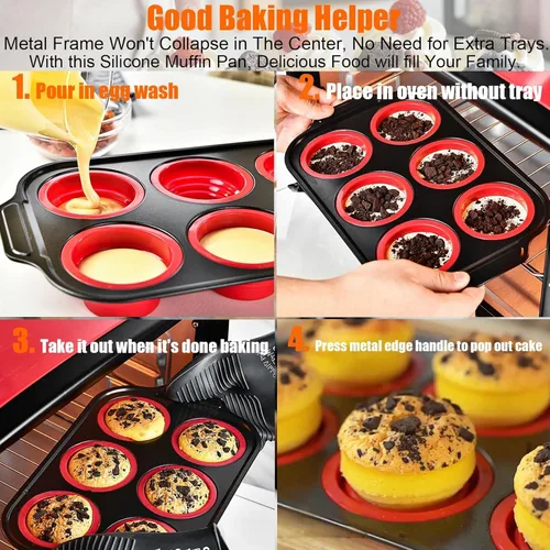 Miniatura 9 de Molde de Silicona para Muffins, Moldes para Muffins de 6 Cavidades para Hornear con Marco de Metal, Molde para Cupcakes, Moldes para Bocados de 6