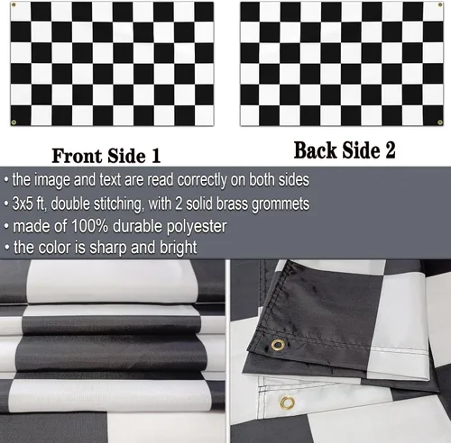 Miniatura 3 de Bandera a cuadros de doble cara de 3 x 5 pulgadas, banderas de carreras en blanco y negro, divertida bandera de vacaciones para interiores