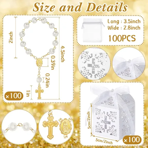 Miniatura 2 de Taiyin Juego de 300 piezas de rosarios para bautizo a granel, pulsera de rosario acrílico, cuentas de perlas sintéticas con bolsa de organza y cajas