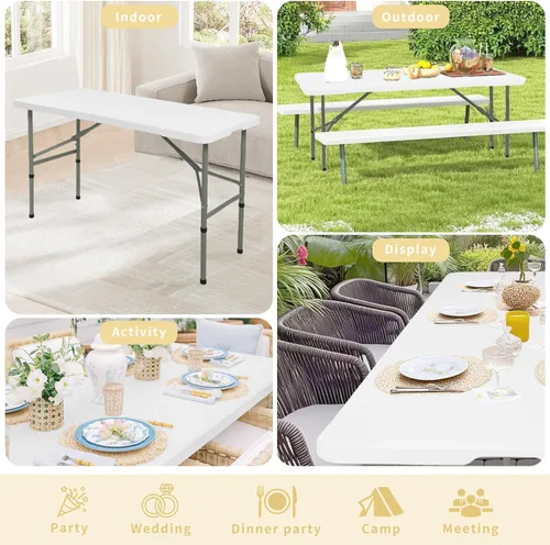 Miniatura 7 de Mesa plegable de 4 pies, mesa de camping portátil de plástico resistente, rectangular, mesa de comedor al aire libre, patas de acero plegable por