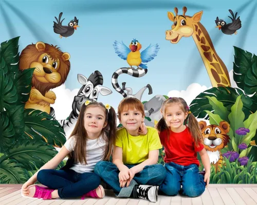 Miniatura 5 de Fondo de dibujos animados de animales de la selva para fiesta temática de animales del bosque, fondo de fotos para niños, recién nacidos