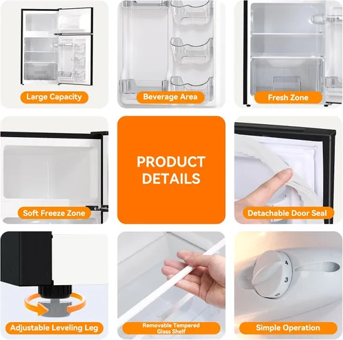 Miniatura 8 de Mini nevera con congelador de 3.2 pies cúbicos, refrigerador y congelador de 2 puertas, mininevera pequeña para dormitorio, oficina en casa