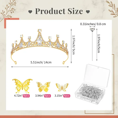 Miniatura 2 de 113 accesorios para ramo de flores, incluyen diadema de 5.5 x 2 pulgadas, corona elegante de princesa para mujer, alfileres de ramo y mariposas 3D