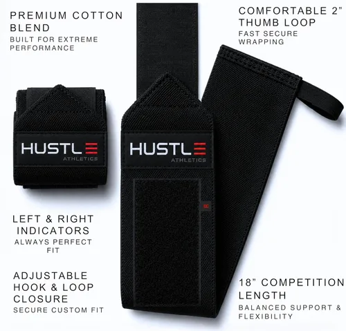 Miniatura 5 de Hustle Athletics Muñequeras para levantamiento de pesas, correas de soporte de muñeca de 18 pulgadas aprobadas por la USPA para prensa de banco