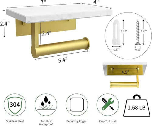 Miniatura 2 de Soporte de papel higiénico dorado cepillado con estante de mármol, soporte de papel higiénico montado en la pared de acero inoxidable 304, soporte