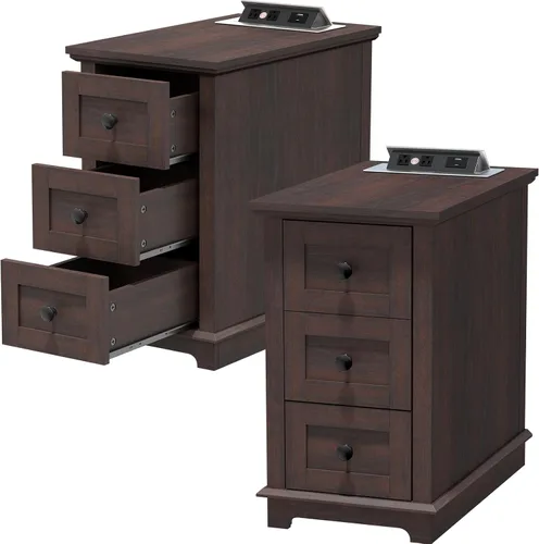 Miniatura 12 de HIFYOBRO - Mesa auxiliar con 3 cajones y estación de carga con tapa abatible, mesa auxiliar con almacenamiento, mesita de noche estrecha de madera