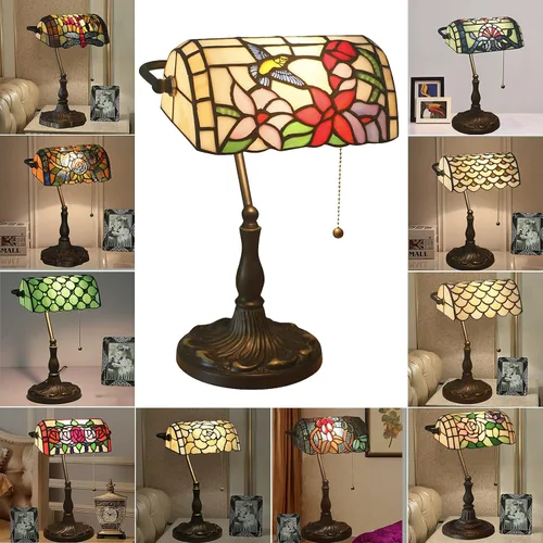 Bankers Lamp Tiffany Desk Vintage Table Bedside Lamps Reading for Study (a Bird Flower One Size)