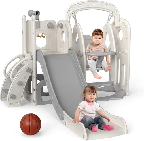 Miniatura 12 de kinbor Juego de toboganes 8 en 1 para niños pequeños, tobogán para niños con aro de baloncesto, juego para niños con escaleras fáciles de subir