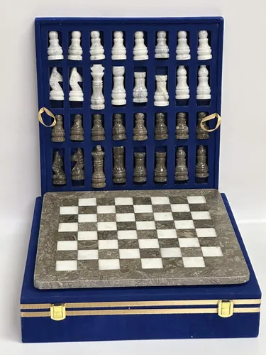 Miniatura 7 de NB - Juego de ajedrez de mármol hecho a mano de 12 pulgadas con caja de regalo de terciopelo azul, elegante tablero de ajedrez de piedra con juego