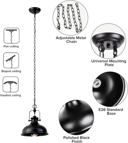 Miniatura 3 de GZBtech Lámpara colgante de cúpula industrial, cadena de metal ajustable de 1 luz, luz colgante de granja de 50.5 pulgadas, accesorio de iluminación