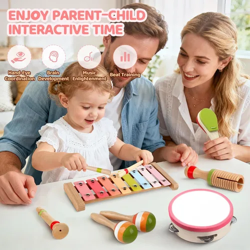 Miniatura 5 de Instrumentos musicales para bebés - Juguetes musicales de madera Montessori para niños de 1 a 3 años, juego de xilófono, maracas y pandereta, Arcoír