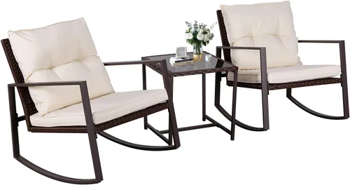 SUNCROWN Juego de muebles de patio para exteriores, 3 piezas, mecedora de mimbre para todo tipo de clima, juegos de conversación con mesa de centro