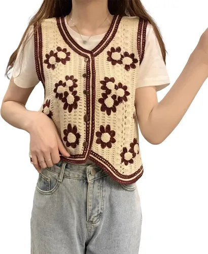 Miniatura 5 de Chaleco de punto sin mangas con cuello en V para mujer, chaleco corto estampado con botones