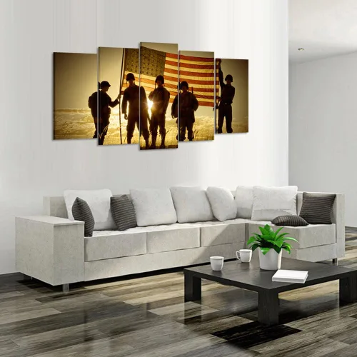 Miniatura 3 de KREATIVE ARTS - 5 paneles de silueta de soldados con bandera estadounidense, lienzo impreso de arte de pared, arte de pared vintage de las fuerzas