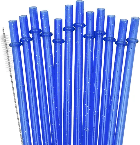 Miniatura 9 de Paquete de 12 pajitas de plástico reutilizables con purpurina, vaso duro de 11 pulgadas de largo con cepillo de limpieza, apto para lavavajillas