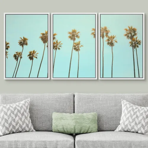 Miniatura 2 de SIGNWIN Lienzo enmarcado para pared, vista aérea de palmeras tropicales en un cielo azul, fotografía del océano costero, arte moderno, panorámico