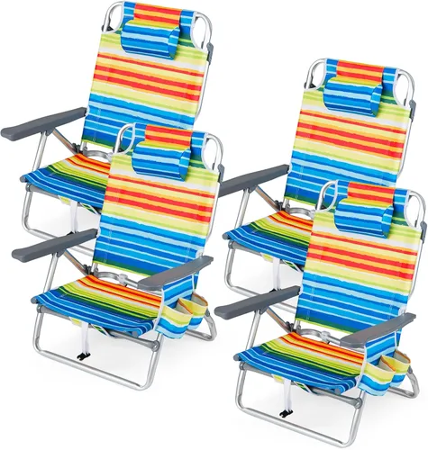 Miniatura 28 de Goplus Silla de playa, mochila plegable para adultos, sillas de playa con posiciones ajustables, almohada para la cabeza, bolsa refrigeradora