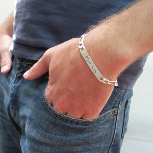 Miniatura 3 de LeCalla Personalized Customised Engraved Name Men's Figaro Chain ID Bracelet in 925 Sterling Silver Personalized Custom Birthday Christmas Fathers