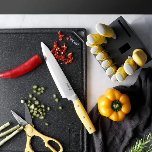 Miniatura 5 de hecef Juego de cuchillos de cocina, juego de cuchillos de 14 piezas con bloque de madera y afilador de acero y tijeras multiusos, juego de cubiertos