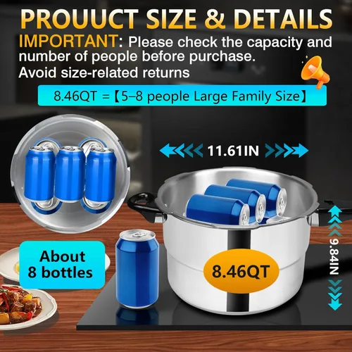 Miniatura 2 de Olla a presión de 8 cuartos de galón + aluminio, ollas de presión para cocinar olla a presión de 8 cuartos de galón, compatible con inducción