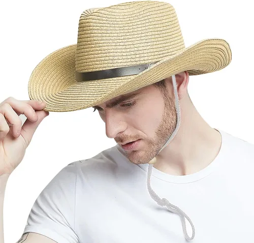 Miniatura 15 de Sombrero de vaquero de paja para hombres y mujeres, sombrero de sol de ala ancha, sombrero de vaquera Panamá con correa para la barbilla, sombrero