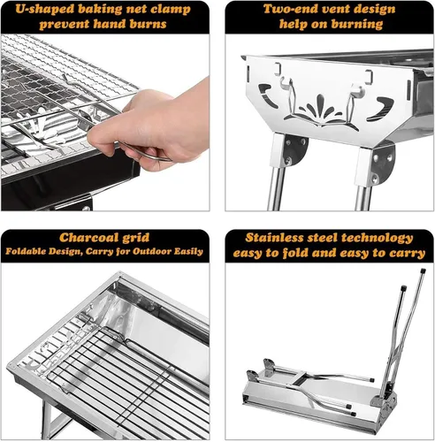 Miniatura 3 de Parrilla de Carbón para Barbacoa de Acero Inoxidable Plegable Portátil Kits de Herramientas BBQ para Cocinar al Aire Libre Camping Senderismo