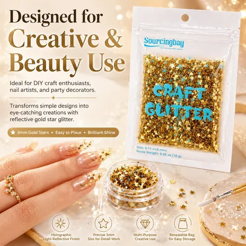 Miniatura 7 de Sourcingbay Stars Glitter 3mm PVC Holographic Gold Star Glitter for Resin Craft Nail Art Makeup Party Decoration 0.3oz