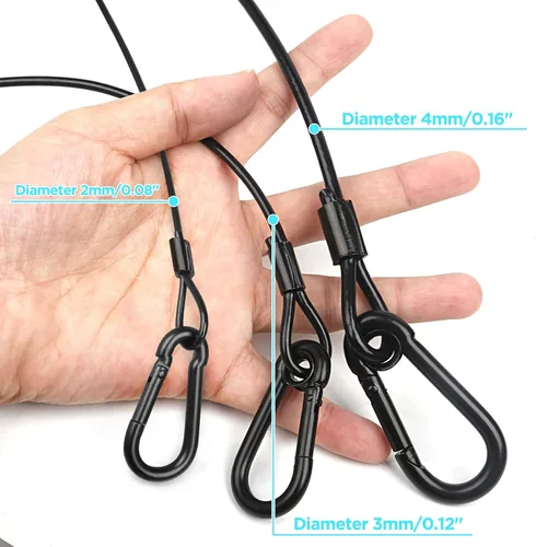 Miniatura 5 de Paquete de 4 cables de seguridad colgantes de cadena negra con abrazaderas de gancho para luces, cordón de acero inoxidable, cadenas de seguridad
