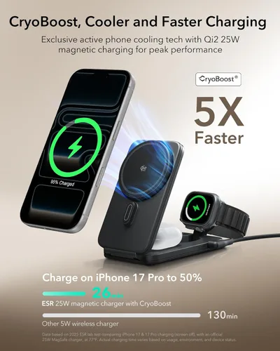Miniatura 4 de Estación de carga 3 en 1 ESR para Apple, Cargador MagSafe Qi2.2 de 25W con CryoBoost, Estación de carga inalámbrica plegable con enfriamiento