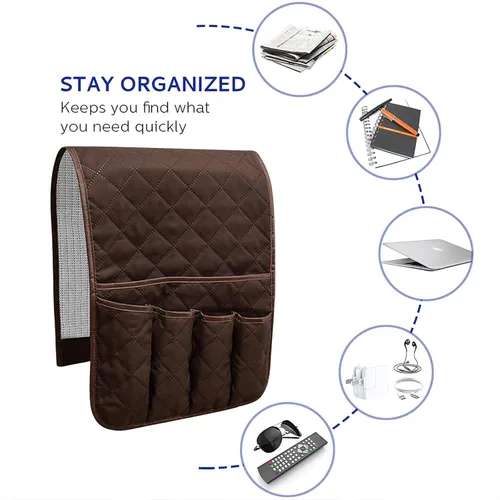 Miniatura 4 de Organizador de reposabrazos para sofá antideslizante, organizador de almacenamiento para sillón y junto a la cama para sofá reclinable con 5 Marrón